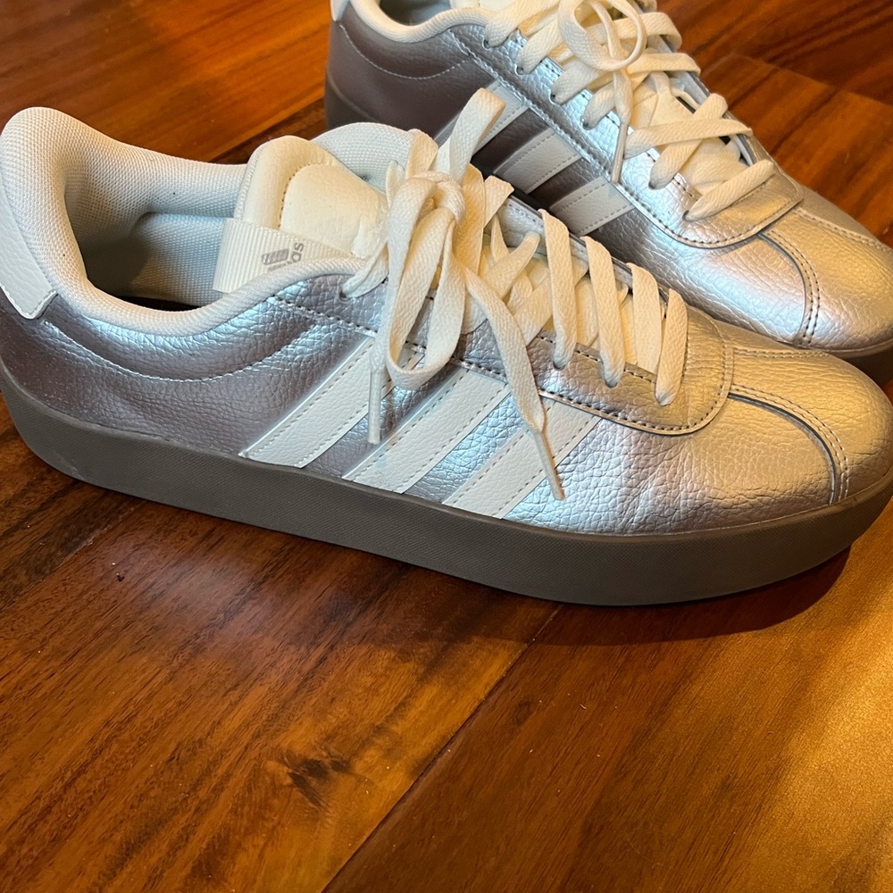 Adidas Silver and White Sneakers with Suede Accents
